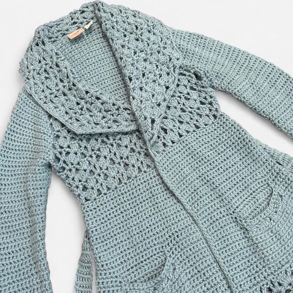 Kenji Handknit Aqua Blue Wool Blend Knitted Crochet Long Sleeve Cardigan Robe - Picture 6 of 7